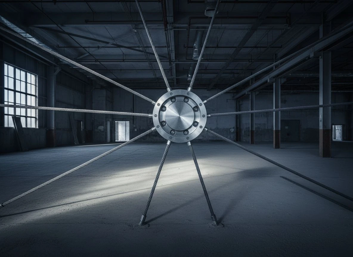 Steel cables converging on a central hub, representing a cross-platform identity declaration network.