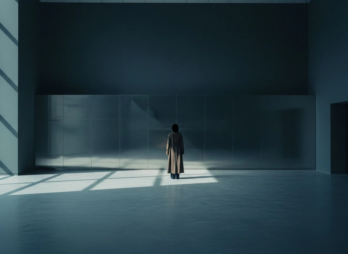 Empty modernist corridor with mirror wall and lone figure silhouette, side-lit