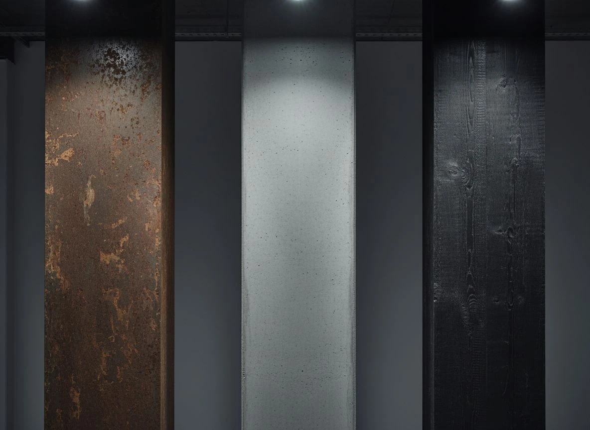 Three architectural columns of weathering steel, concrete, and timber side by side