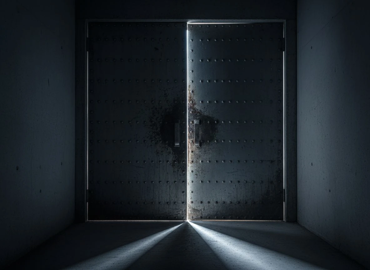 Two steel doors in concrete wall, one slightly ajar with light spill
