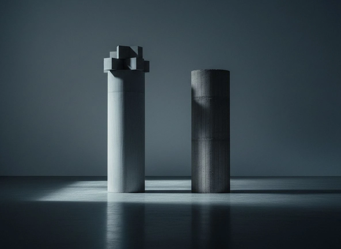 Two concrete columns side by side, one with a cap, one bare, side-lit in empty hall.