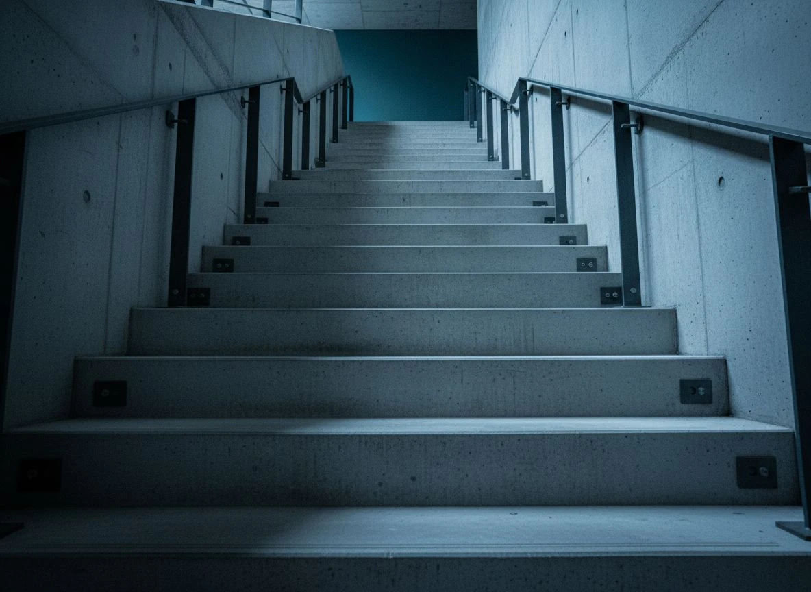 Concrete and steel staircase ascending with hard side shadows, cool tones.