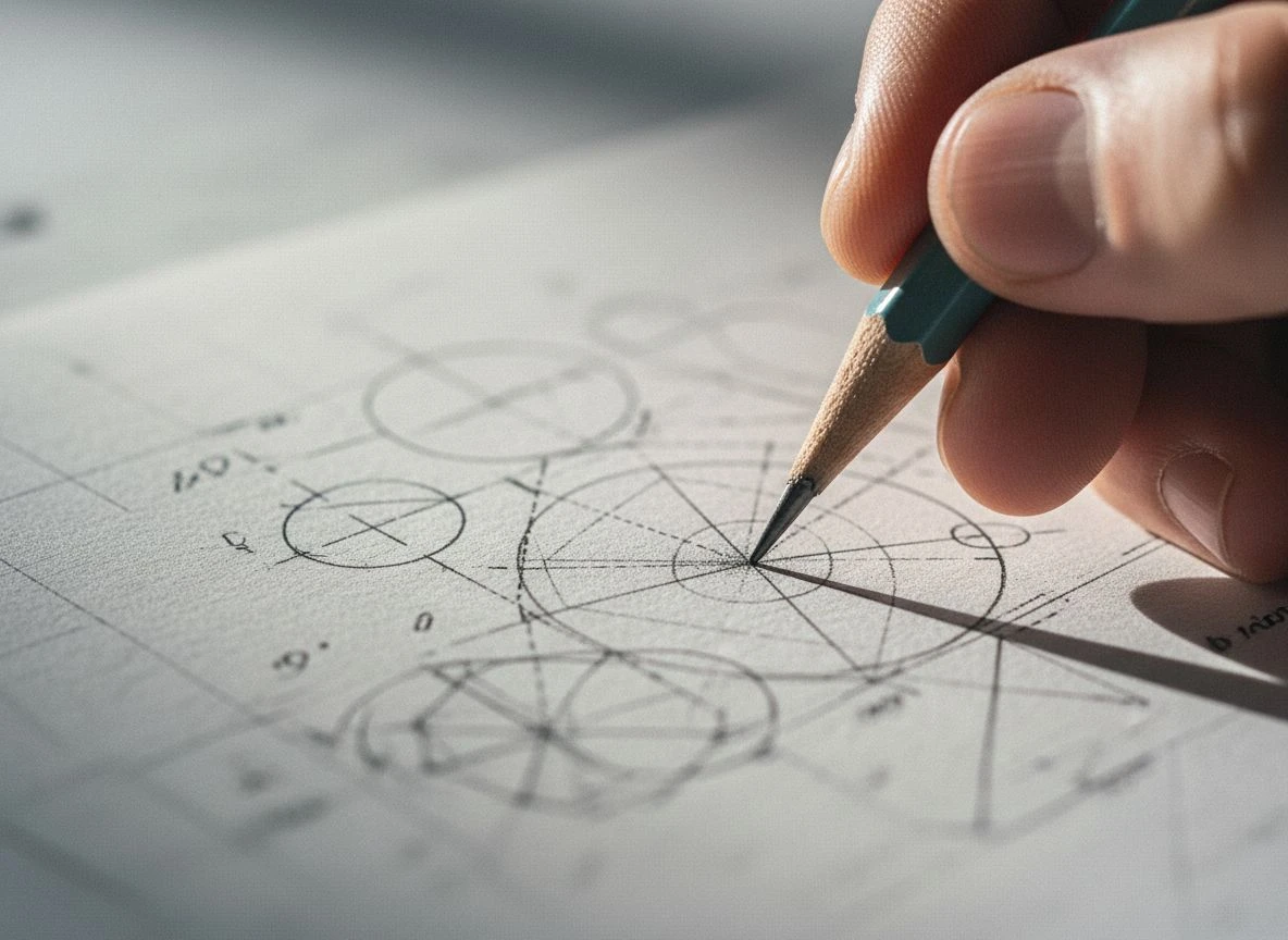 Close-up of hand holding pencil drawing geometric diagram on textured paper.