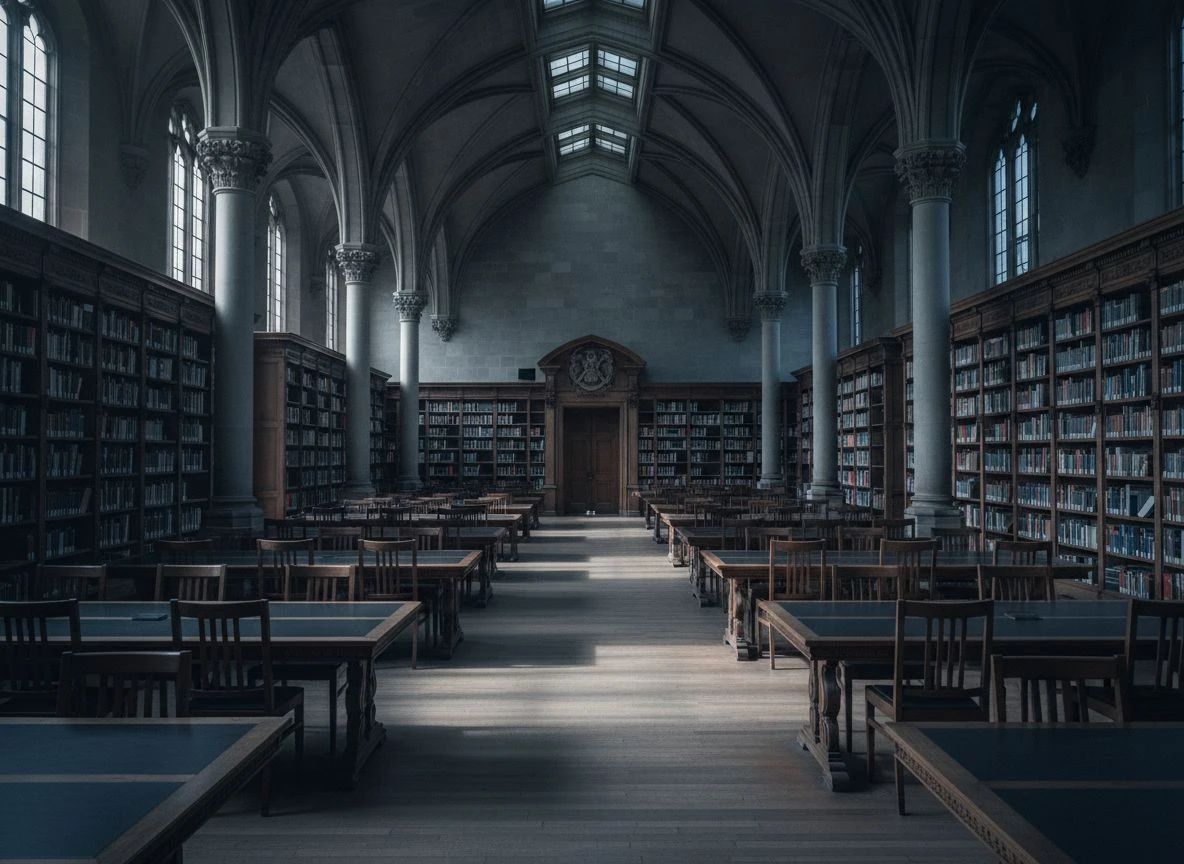 Empty research library reading room with high ceilings, side-lit, sharp shadows, cool tones.