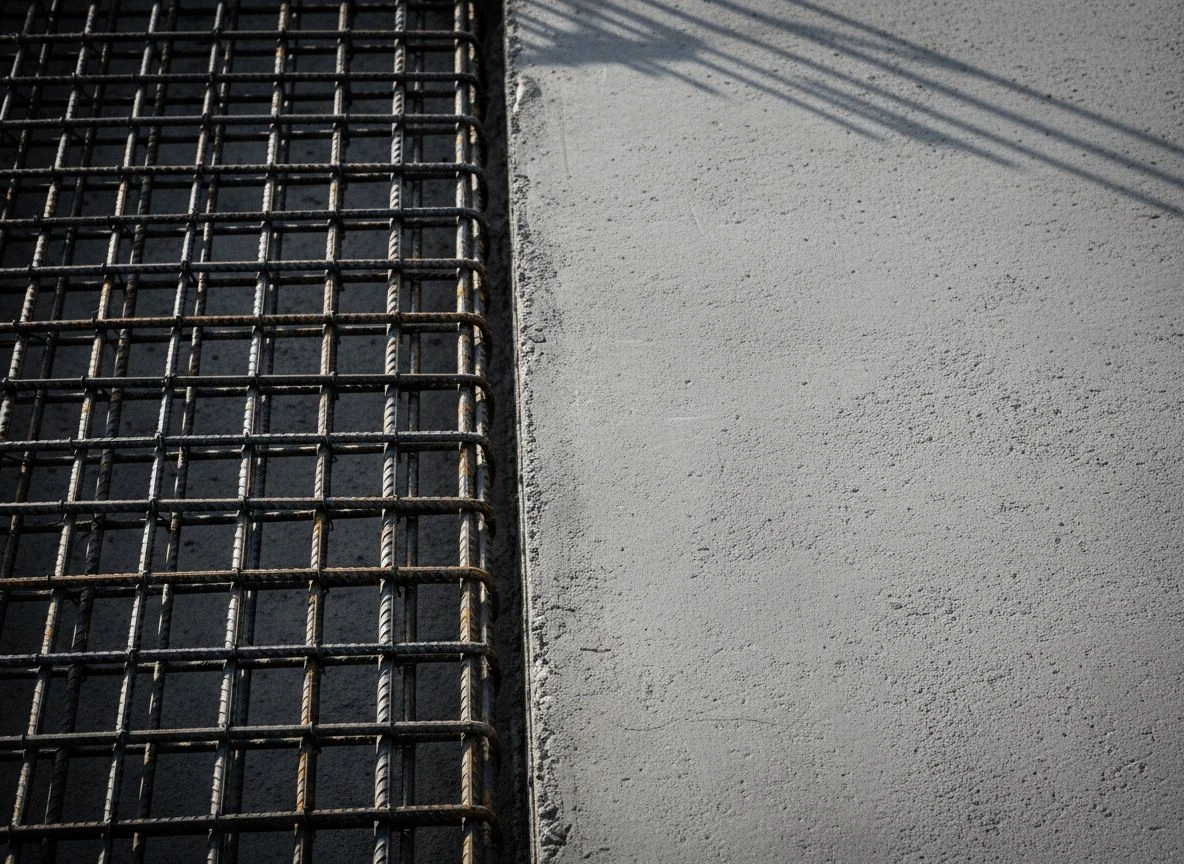 Close-up of a construction joint with steel rebar grid transitioning into poured concrete, side-lit.