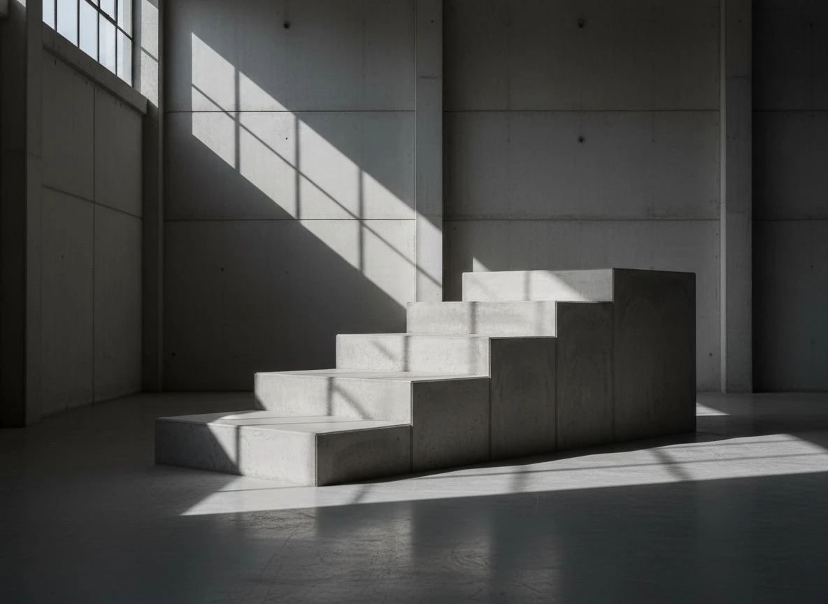 Three ascending concrete steps in an empty warehouse, side-lit with strong shadow patterns.