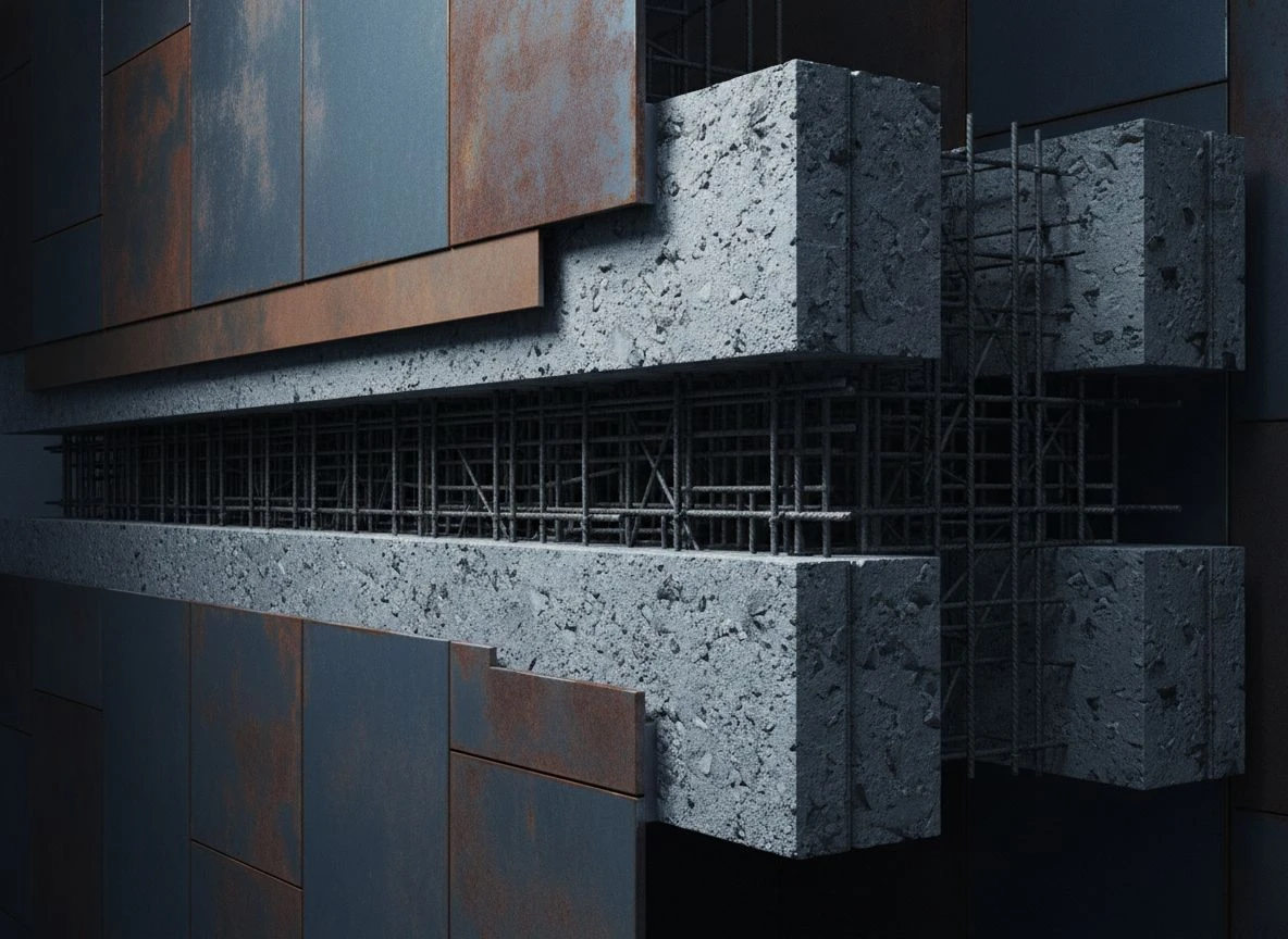 Layered cross-section of weathered steel, concrete, and rebar core, side-lit to emphasize depth.
