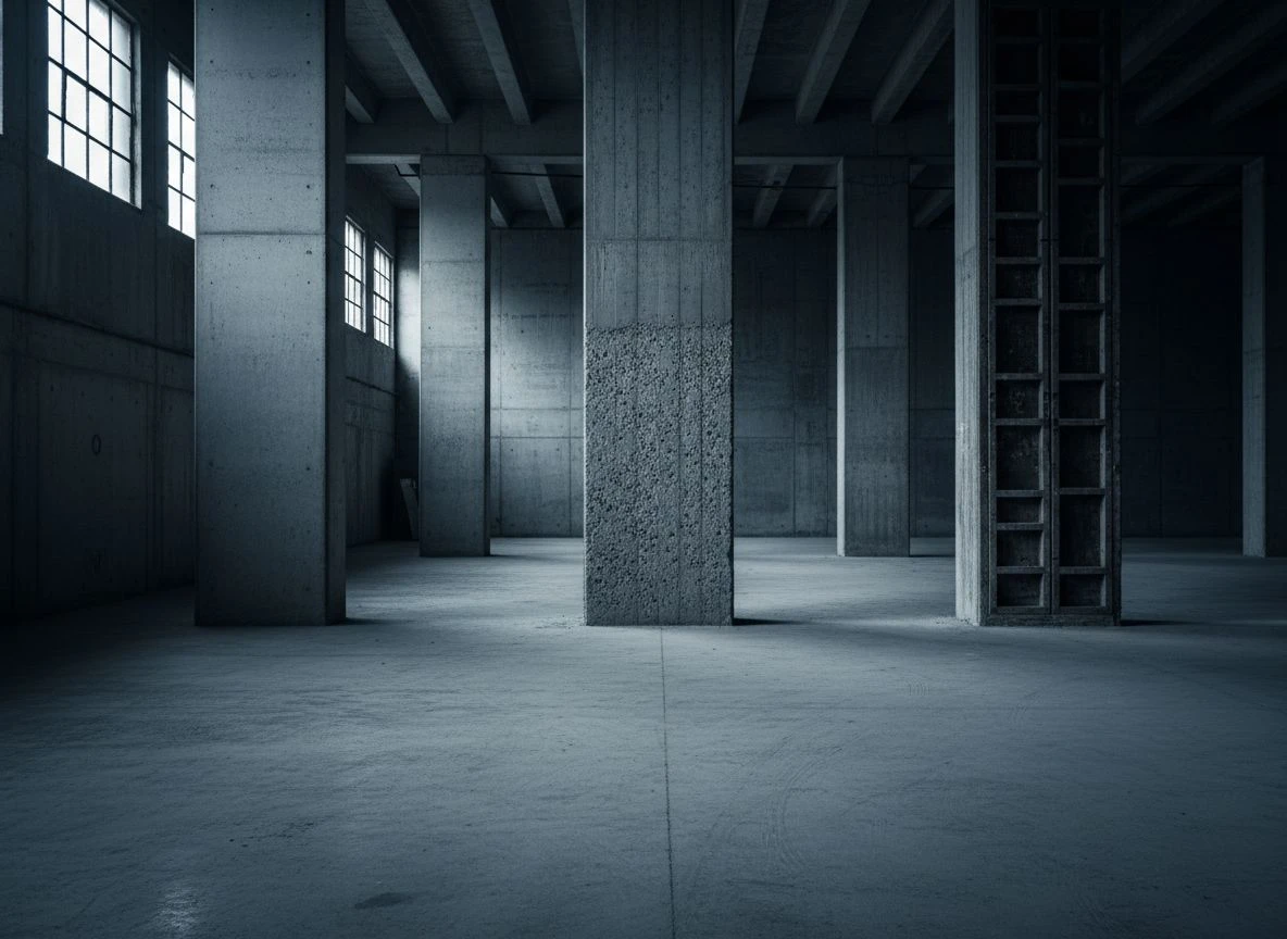 Three concrete pillars of varying height and texture in a dim industrial warehouse, side-lit with long shadows.