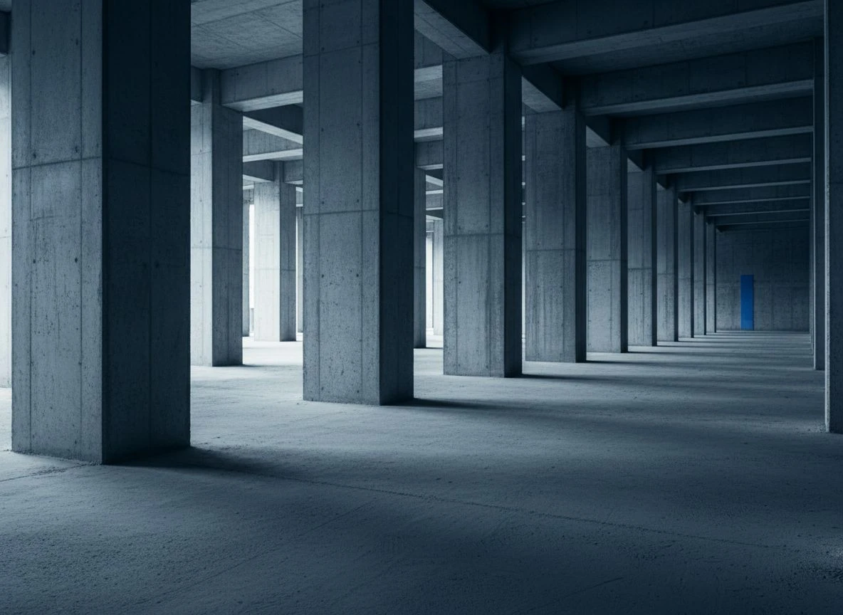 Ascending concrete columns with side lighting casting long shadows in an industrial space