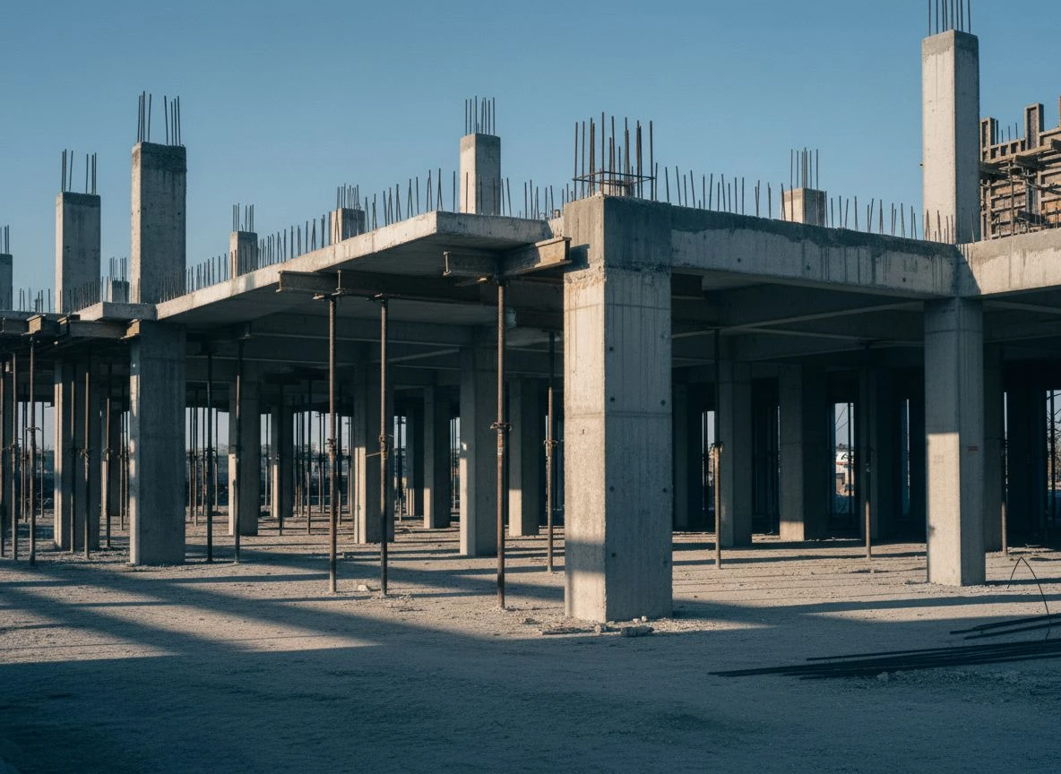 Exposed concrete structural framework under construction with side lighting and deep shadows
