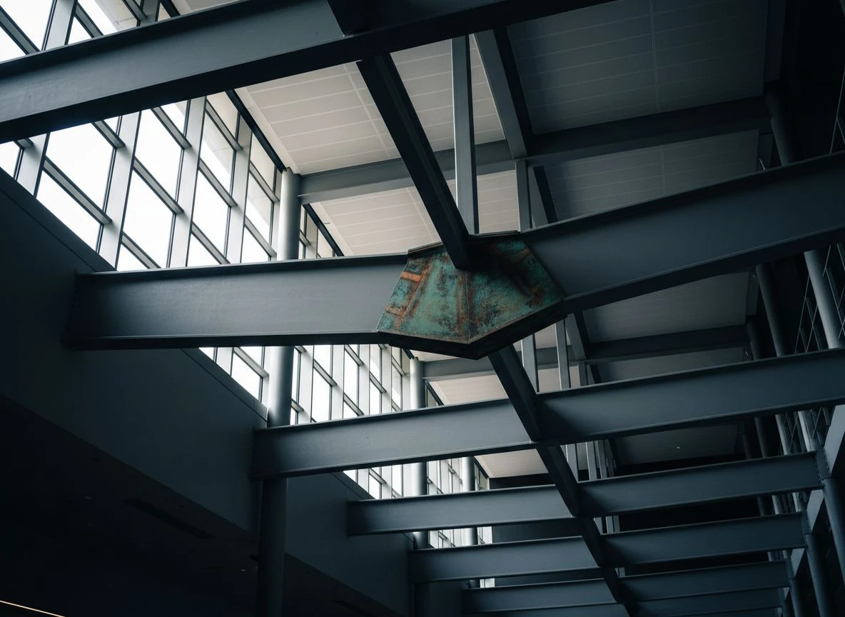 Interlocking steel beams and joints in an atrium with dramatic side lighting