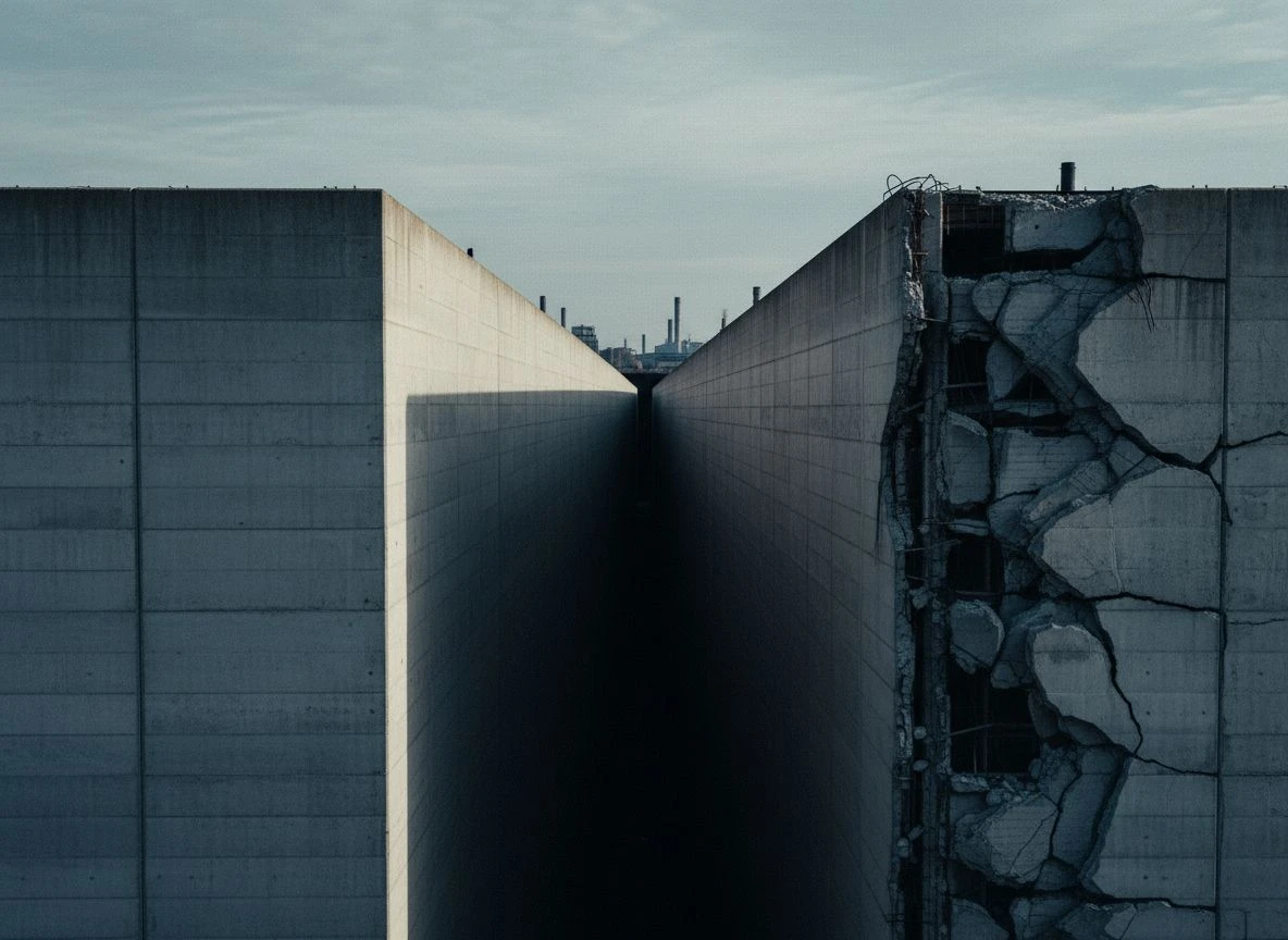 Wide gap between a well-maintained concrete structure and a crumbling one, symbolizing irreversible competitive gaps in AI visibility