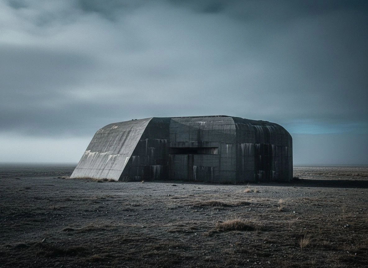 Low concrete bunker on barren landscape under cloudy sky, side-lit with deep shadows, symbolizing brand defense posture