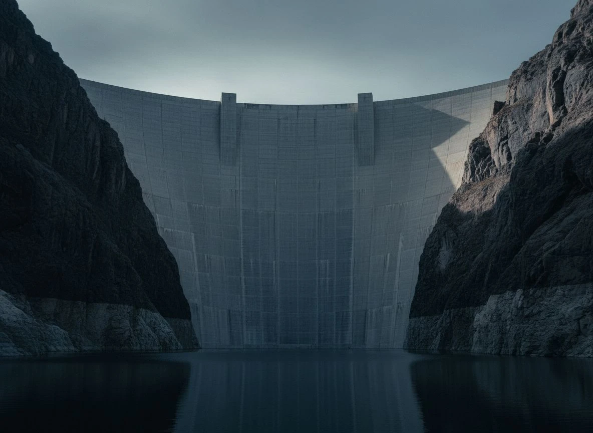 Massive concrete dam with side light, symbolizing full spectrum dominance and unassailable AI position