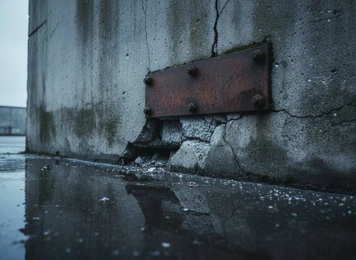 Close-up of cracked concrete with rusted metal plate, symbolizing entropy and decay of entity infrastructure