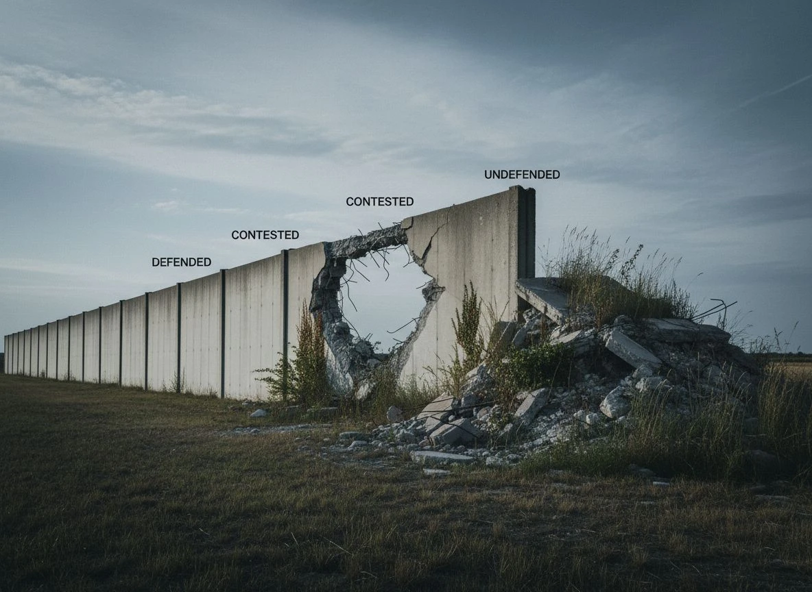 Three stages of a wall: clean, breached, ruined, symbolizing defended, contested, and undefended brand defense postures