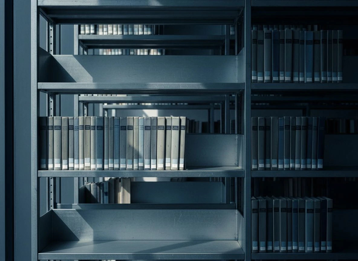 TwoLockedDoorsAIVisibilityByrumFINAL-ai-training-corpus-sources.webp Library shelf with some books illuminated by raking light, others in shadow, representing AI training corpus sources