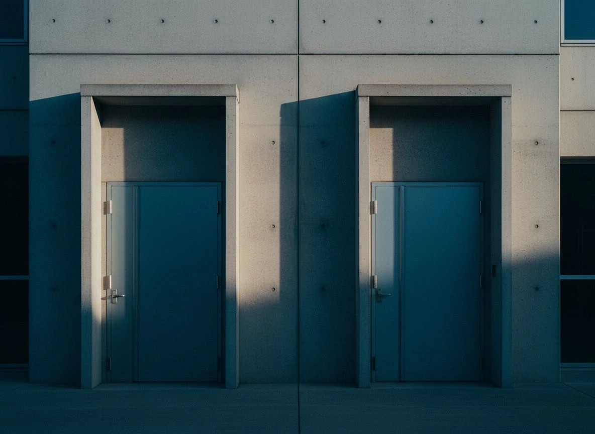 TwoLockedDoorsAIVisibilityByrumFINAL-full-spectrum-ai-visibility.webp Building facade with two symmetrical entrances both lit equally, representing full spectrum AI visibility