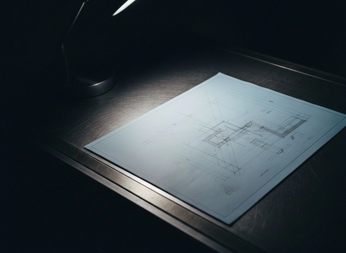 TwoLockedDoorsAIVisibilityByrumFINAL-measuring-only-retrieval.webp Architectural blueprint with one quadrant illuminated, representing measurement tools that cover only retrieval