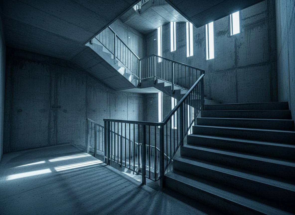 TwoLockedDoorsAIVisibilityByrumFINAL-training-cycles-windows.webp Concrete stairwell with alternating lit and shadowed landings, symbolizing sequential AI training cycles