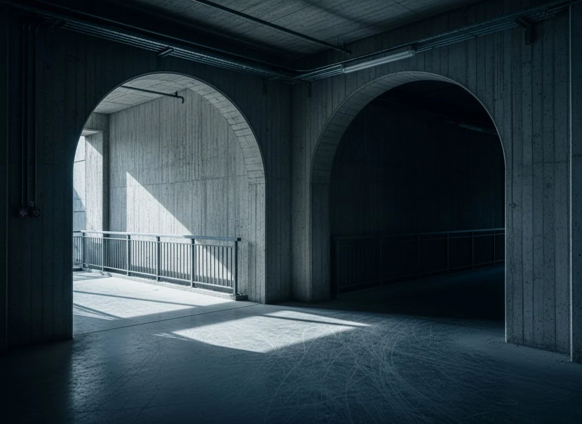 TwoLockedDoorsAIVisibilityByrumFINAL-two-ai-memory-paths.webp Concrete corridor with two diverging archways, one lit and one shadowed, representing AI's retrieval and memory paths