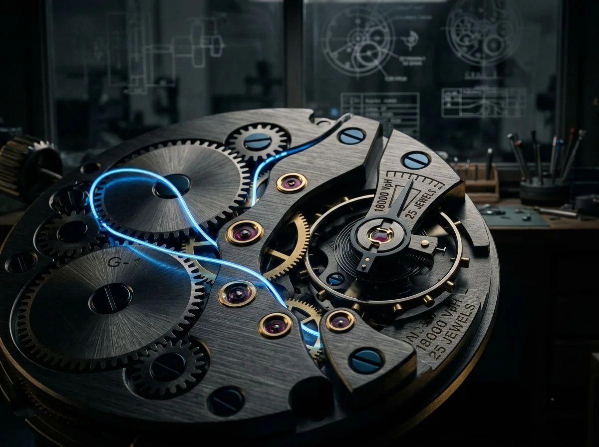 Close-up of a watch mechanism with a glowing blue thread woven through the gears