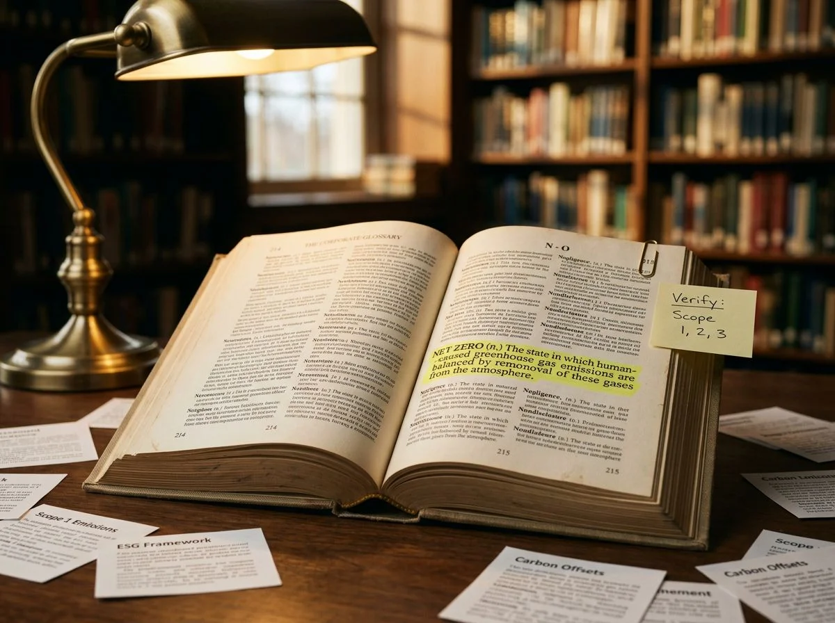 An open dictionary with 'Net Zero' highlighted and a sticky note about verification scopes.
