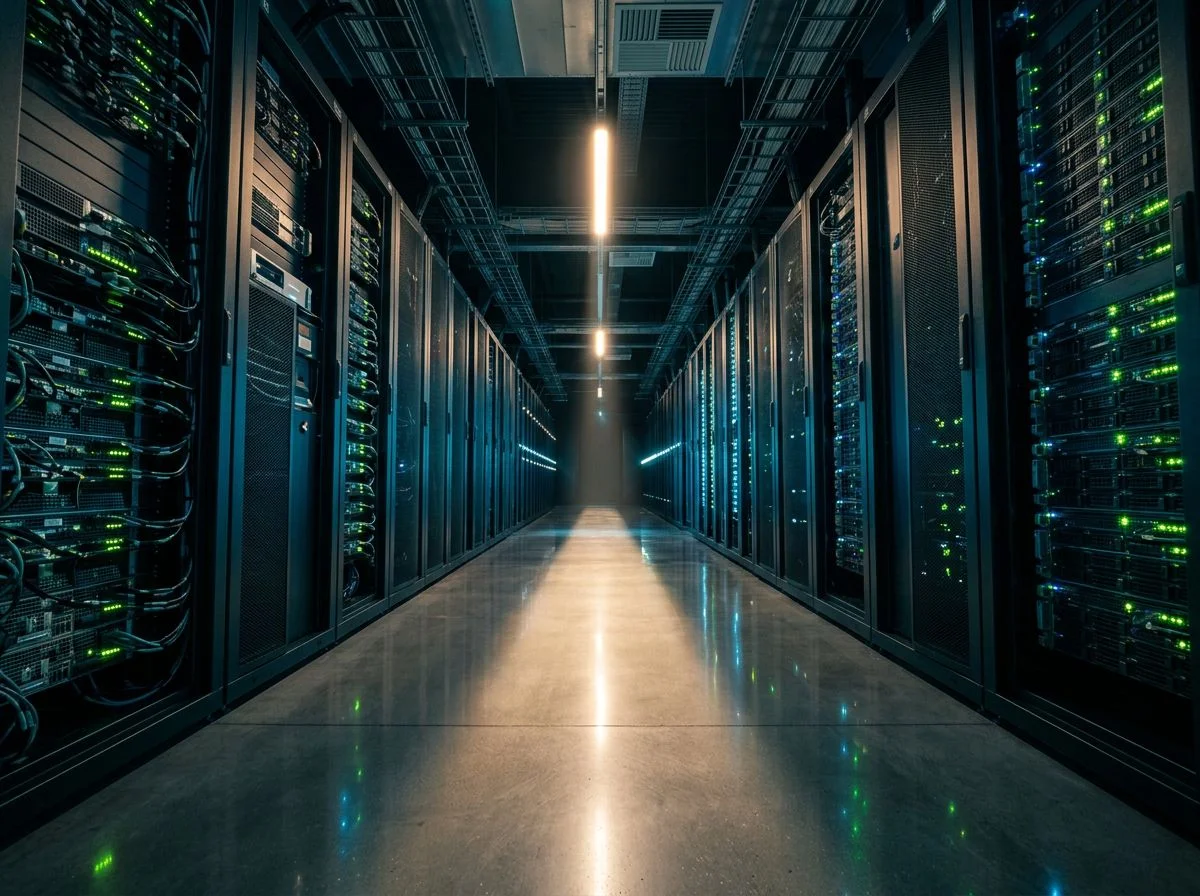 Corridor of server racks with a bright light beam running down the center