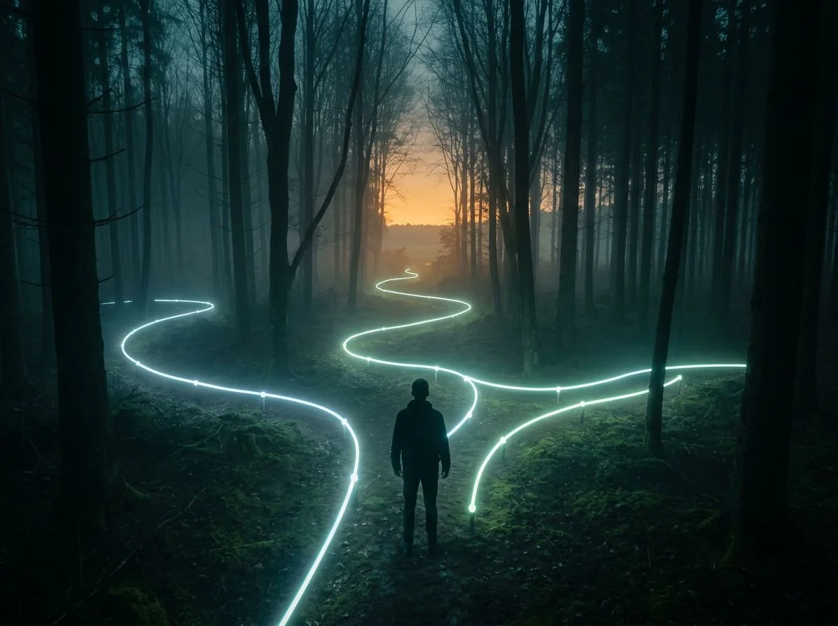 A glowing neon curve splitting into two paths in a misty forest at twilight, with a lone figure at the fork.
