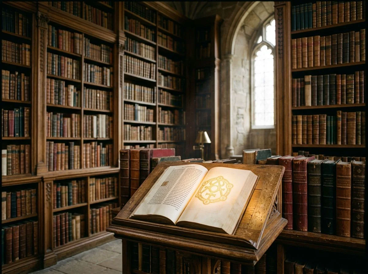 Open book with a glowing symbol in an old library, surrounded by bookshelves