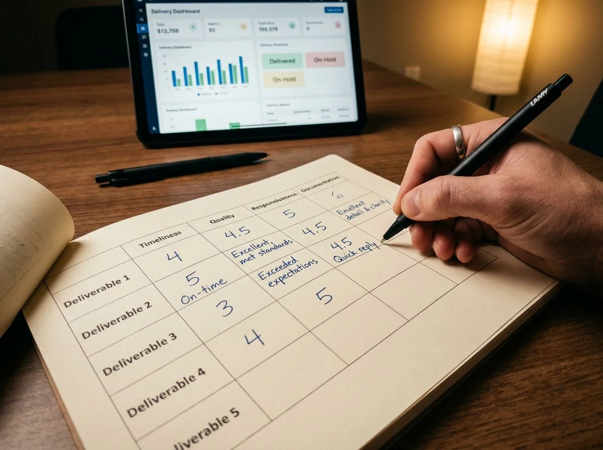A hand writing scores in a detailed delivery scorecard grid on paper.