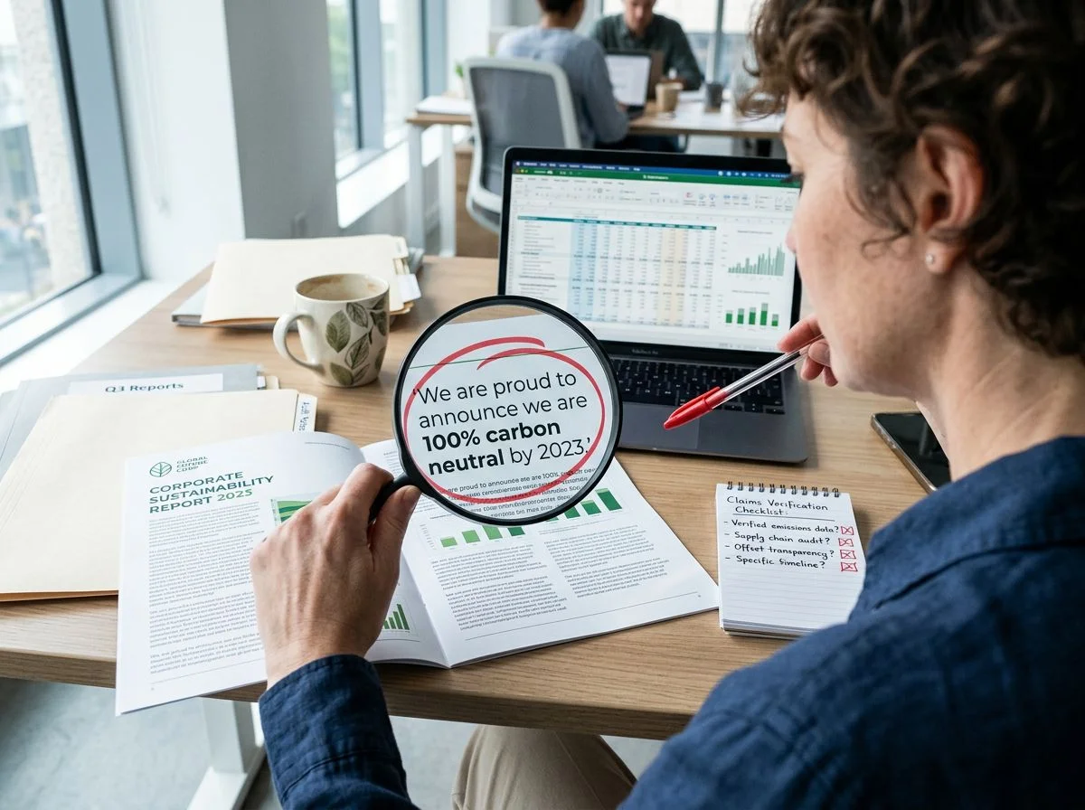 A hand with a magnifying glass examines a sustainability report on a desk, circling a claim with a red pen.