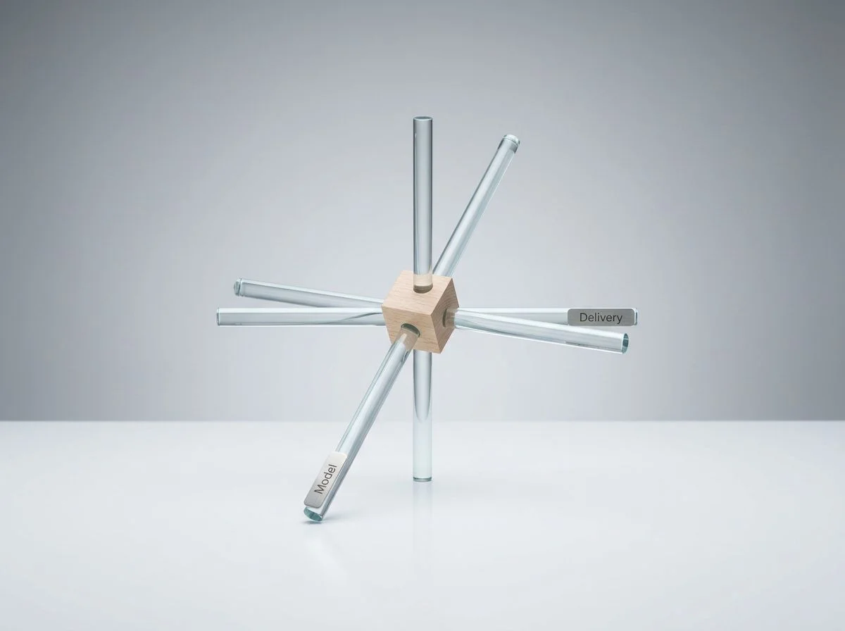 A glass axis model with two labeled rods for Model and Delivery on a white table.