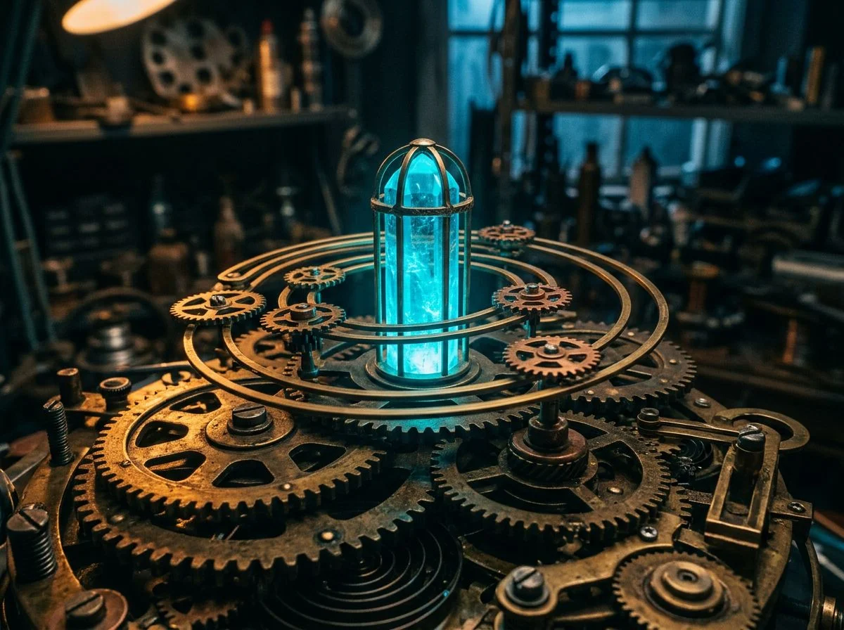 Close-up of clockwork gears with a glowing blue pillar entity at the center, dark workshop background