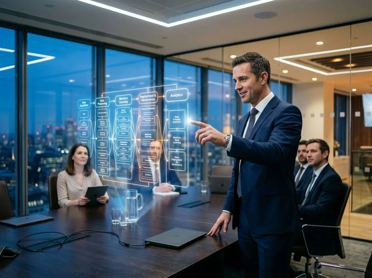 Executive pointing at a holographic pillar entity diagram in a boardroom with city view