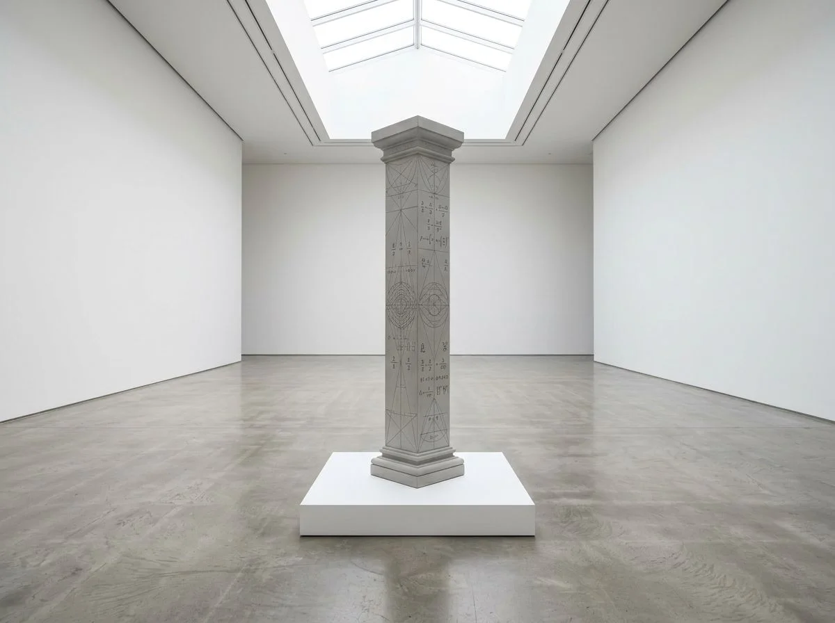 Symmetrical pillar entity on a white pedestal in a bright empty gallery