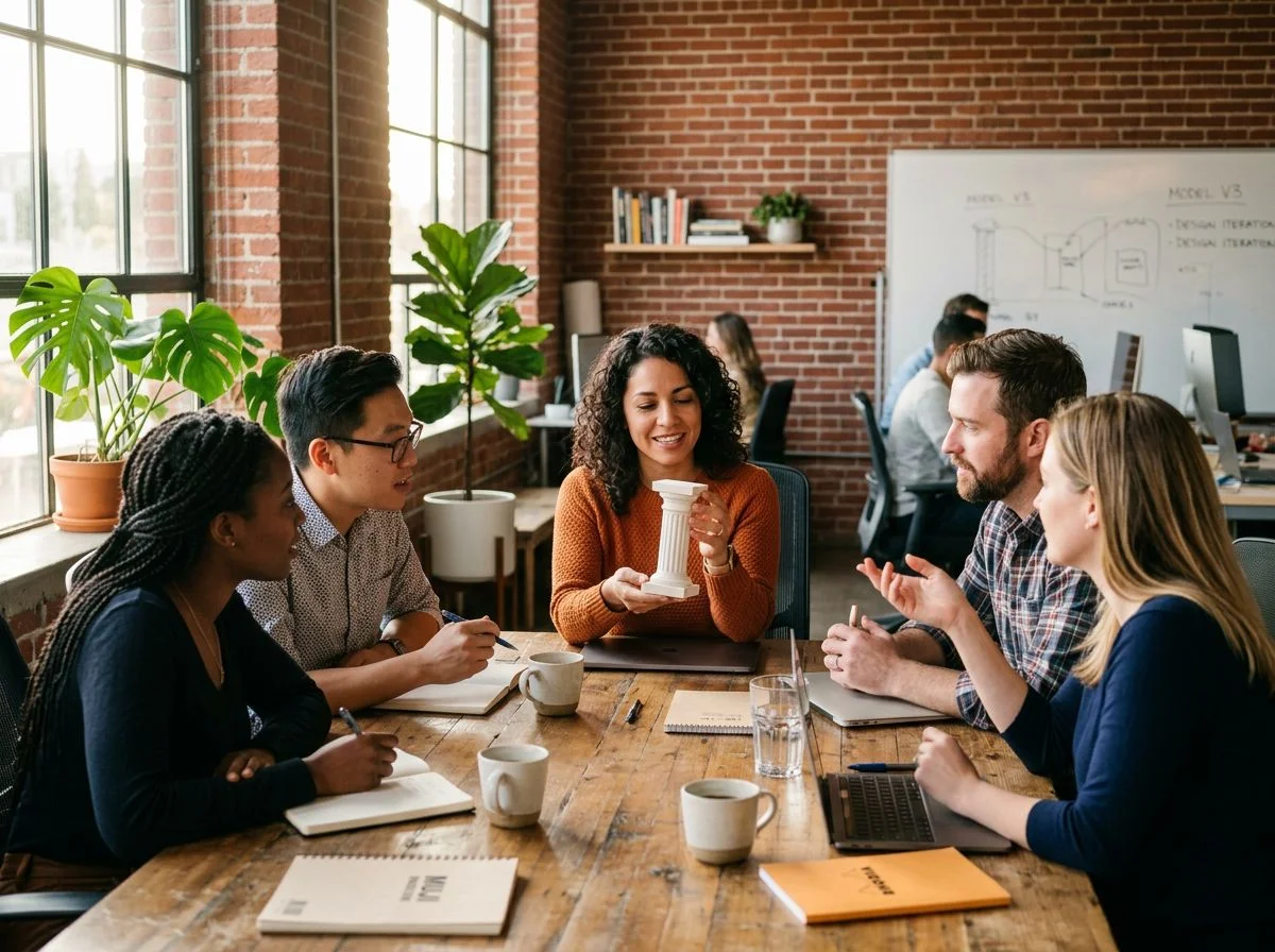 Group of professionals discussing a small pillar entity model in a bright office