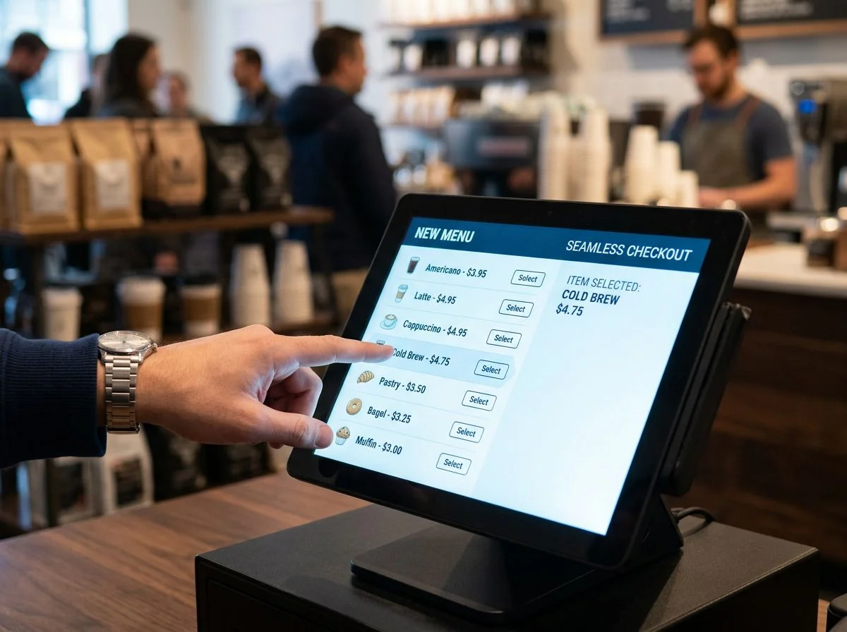 A hand about to tap a new pricing screen on a point-of-sale terminal, with blurred retail shelves in the background.